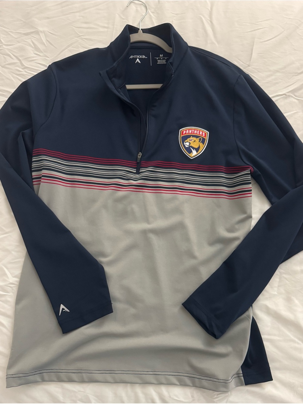 Antigua Navy and Gray Panthers Striped Quarter-Zip Pullover